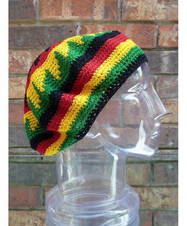 TAM BERET Hand Crochet Knit Slouchy Dread Rasta Reggae Hat with STRIPES - C4119VFZNSV