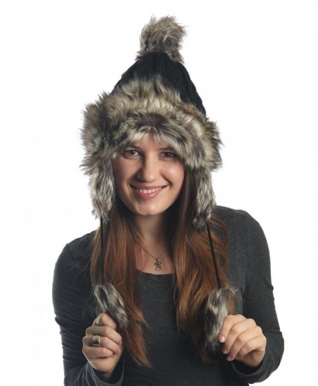 KayJay Earflap Furry Cable Knit Trooper Trapper PomPom Ski Snow Hat - Black - CG11QPCSP1P