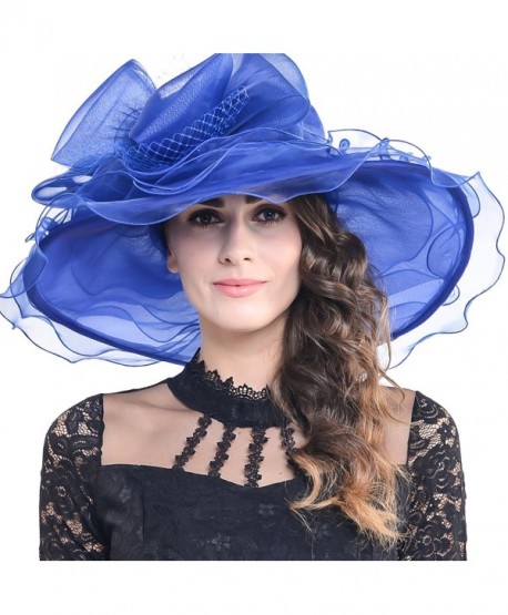 FORBUSITE Women Kentucky Derby Church Dress Organza Hat Wide Brim Flat Hat S601 - Royal Blue - CZ17Y29N3NN