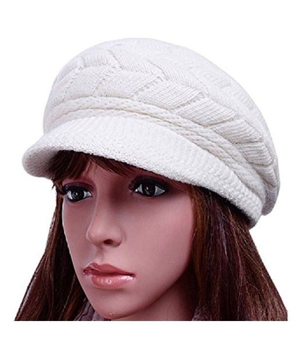 Women Lady Braided Warm Cabled Knit Winter Beanie Crochet Hats Newsboy Caps White - CS129B3VO71