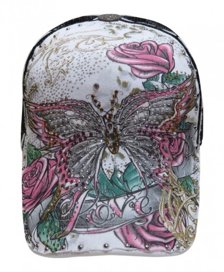 Multi Colored Rhinestone Butterfly/Floral Design Trucker Cap Novelty Hat - White/Black - CV11VOY5PLH