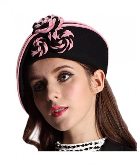 June's Young Ladies 100% Wool Beret Warm Felt Hats&caps Floral(black/pink) - CU11SG7NS0F