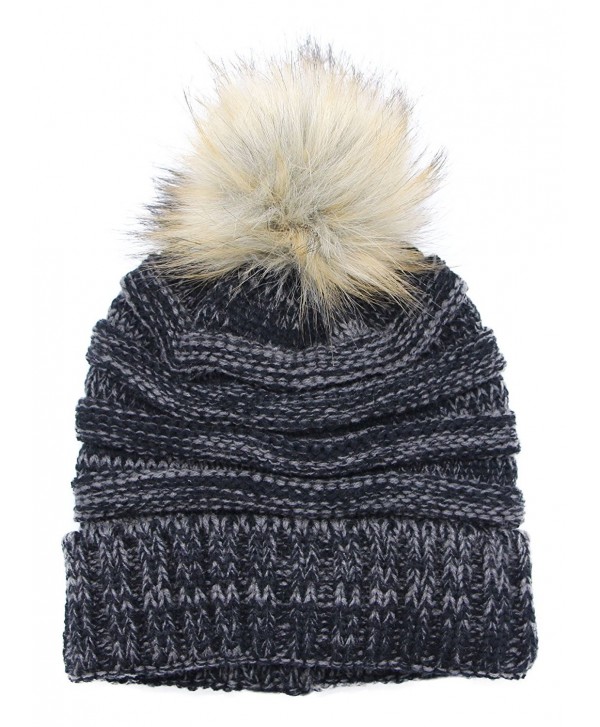 Bioterti Women's Slouchy Knit Beanie: Bobble Hat Faux Fur Pom Pom Oversized Ski Cap - Black+white - C51892ED32S