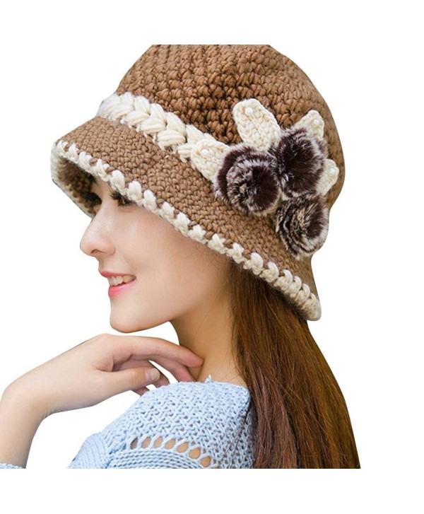 Haoricu Beret Cap- Fashion Womens Flower Knit Crochet Beanie Hat Winter Warm Cap - ??khaki - C6188929IA7