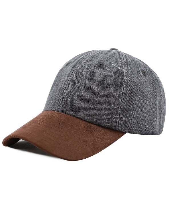 The Hat Depot Unisex Washed Low Profile Denim Suede Bill Cotton Plain Cap - Black With Brown Suede - CQ12NRZPRQI