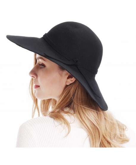 Bienvenu Women's Wide Brim Wool Ribbon Band Floppy Hat - Black - C911N7Q029P