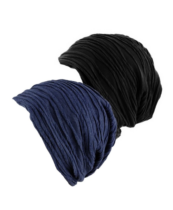 2 Pack Stylish Wrinkled Beanie Cap Slouchy Skull Hat - Black/Navy - CL12N1IBVYS