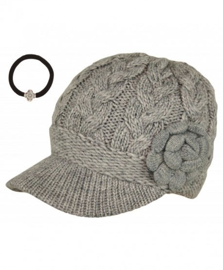J-Fashion Women's Cable Knitted Double Layer Visor Beanie Hats with Hair Tie - Floral Grey - CV1297IXA7B