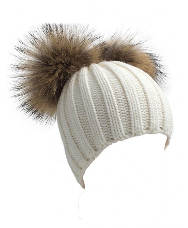 Winter Knit Crochet Beanie Raccoon Fur Double Pom Pom Ball Bobble Hat Crochet Ski Cap - White - CY186NQ68H3