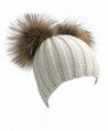 Winter Knit Crochet Beanie Raccoon Fur Double Pom Pom Ball Bobble Hat Crochet Ski Cap - White - CY186NQ68H3