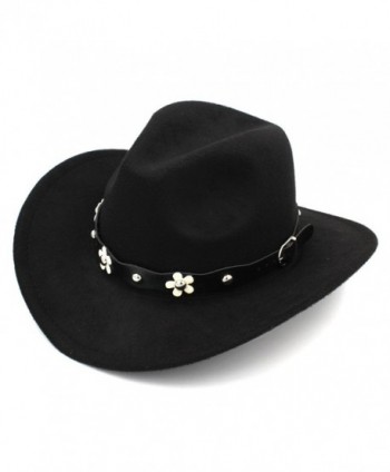 Elee Women Western Cowboy Hat Wide Brim Cowgirl Cap Flower Charms Leather Band - Black - CH1883E0532