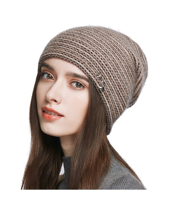Women's Slouchy Double Layered Wool Knitted Beanie Cap Crochet Cotton Hat for Winter - Brown - CN1876TXHLR