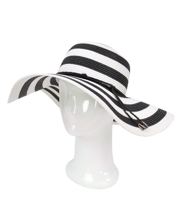 Women's Elegant Floppy Wide Brim Striped Straw Beach Sun Hat - Diff Colors - Black & White - C011WSLN521