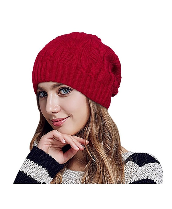 Glamorstar Unisex Cable Knitt Hat Winter Warm Thick Braided Beanie Slouchy Ski Cap - Jujube Red - C7186QT7RL9