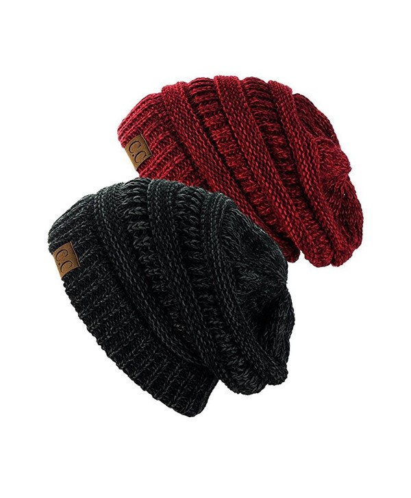 NYFASHION101 Exclusive Unisex Two Tone Warm Cable Knit Thick Slouch Beanie Cap (Black/CHarcoal & 2 Tone Burgundy) - CG12O0HF26S