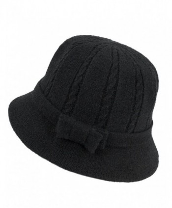Dahlia Women's Wool Blend Winter Hat - Cable Bow Cloche Bucket Hat - Black - C412MABDM7Z