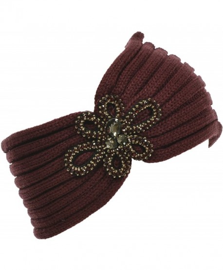 Hand By Hand Aprileo Floral Knitted Headband Headwrap Rhinestone Warmth - Burgundy. - CM12GUFW93V