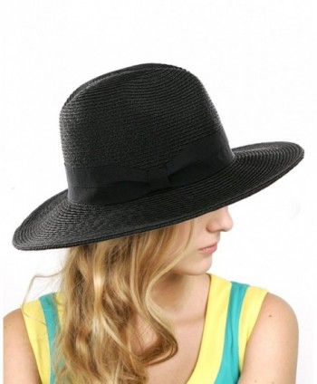 NYFASHION101 Lightweight Solid Color Band Braided Panama Fedora Sun Hat - Black - CO11WWYHFB1