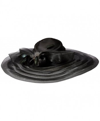 Elegant Kentucky Derby Floppy Feather Bow 7" Super Wide Brim Church Hat - Black - C311WLO0T4H