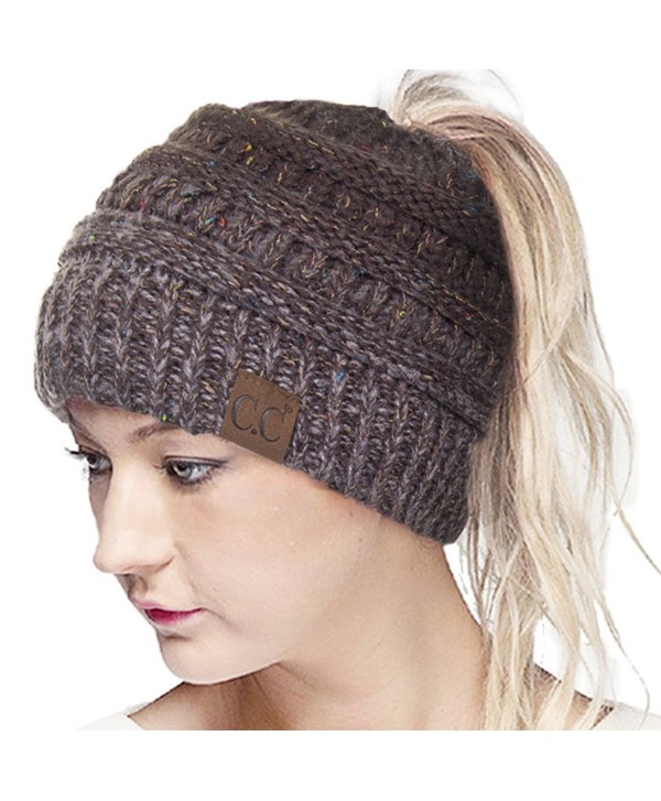 ScarvesMe CC Confetti Ombre Beanietail Ponytail Messy Bun Solid Ribbed Beanie Hat Cap - Brown - CP185XG7593