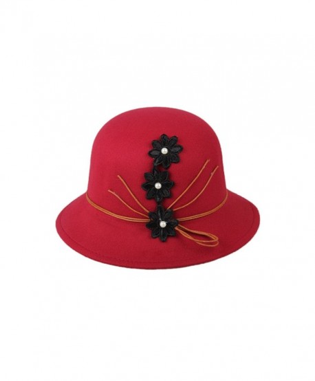 Dantiya Womens Flower Sun Hat Wool Felt Bucket Hat - Red - C912NBZDMWR