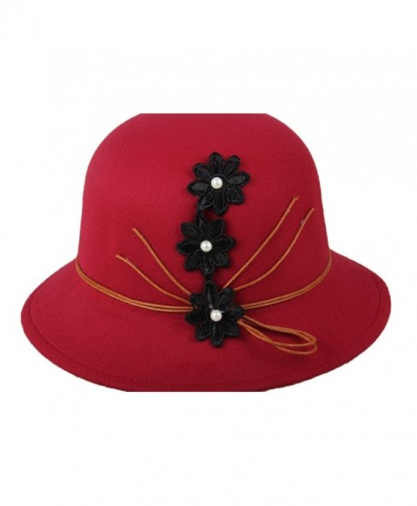 Womens Flower Sun Hat Wool Felt Bucket Hat - Red - C912NBZDMWR