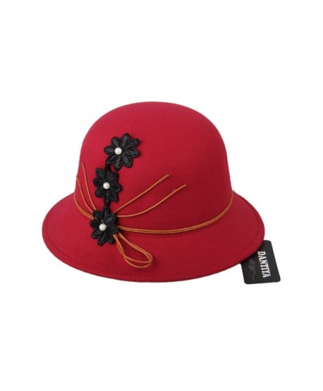 Womens Flower Sun Hat Wool Felt Bucket Hat - Red - C912NBZDMWR