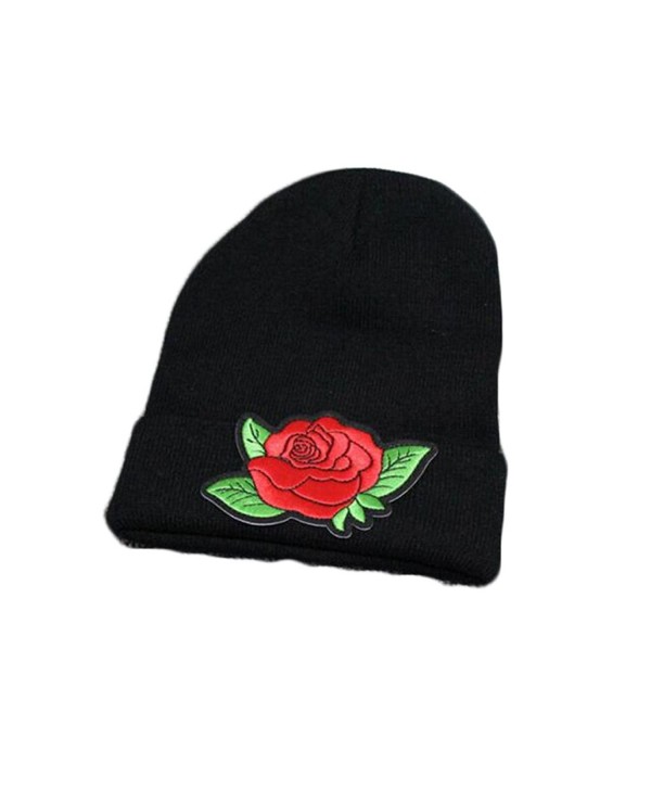 Embroidered Rose Knit Hat Winter Ski Skullcap Top Hat Black Elastic Beanie for Men & Women - Black 1 - C1186G6X9ZU