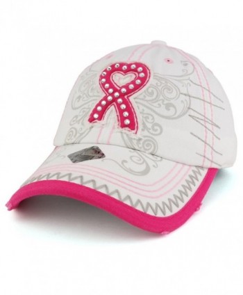 Trendy Apparel Shop Breast Cancer 3D Pink Ribbon Embroidered Cotton Baseball Cap With Cubic Studs - White - CD17YL5OL6Z