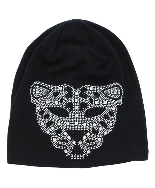 Hiloving Summer Oversized Slouchy Cotton Rhinestone Leopard Beanie Hat For Women - Black - C412HSRZBUD