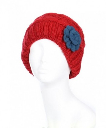 BSB Burgundy Beanie Winter Fleece - Burgundy Red With Blue Flower - CQ12MATOZC3