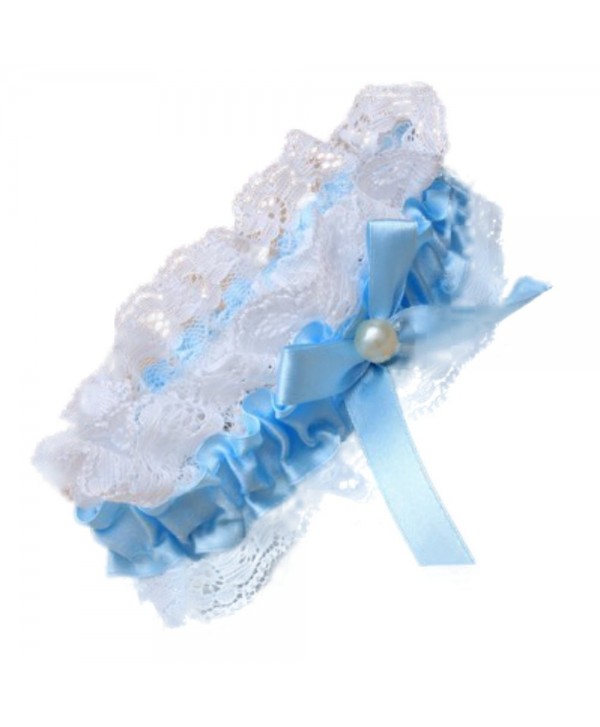 White Lace and Blue Ribbon Bow with Centre Pearl Elasticated Garter ...