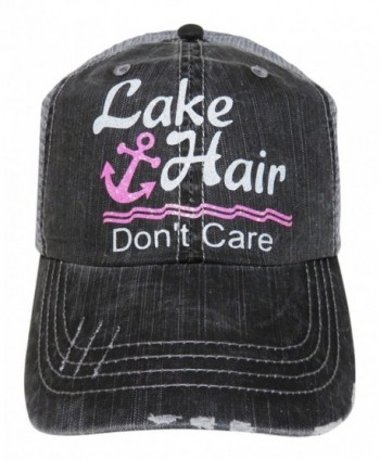 Glitter Lake Hair Don't Care Distressed Look Grey Trucker Cap Hat - White/Pink Glitter - CR12I3I2CN5