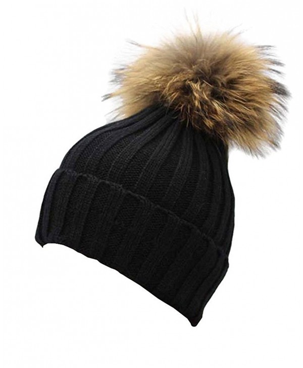 Gellwhu Women Winter Real Fur Pom Pom Knit Slouchy Beanie Hat for Men Girls Boys - Black - CQ128I32SON