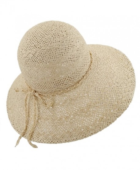 lethmik Womens Summer Straw Hat Wide Brim Hand Woven Foldable Beach Floppy Sun Hat - Beige - CG17YYDNWH6