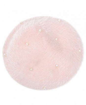 Lisainthus Women's Soft Angora Pearl French Beret Hat - Pink - CN186G5ZZ4H