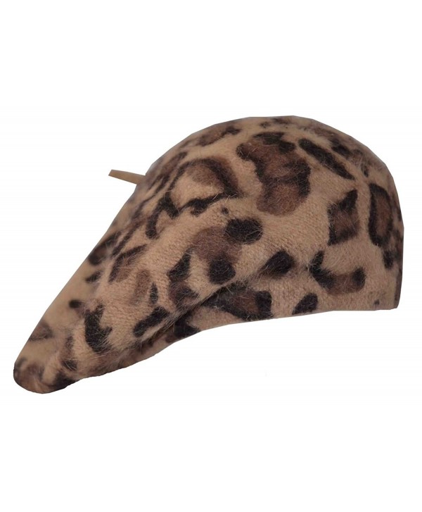 Angela & William Leopard Angora Beret Cap Hat 10.5" - Khaki - C618027IX7K