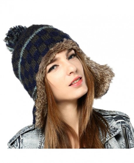 Kenmont Women Winter Cute Faux Fur Thicken Acrylic Knit Earflap Hat Beanie Cap (Navy Blue) - C9185SHY2SN