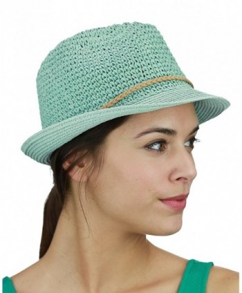 C.C Braided Faux Suede Band Open Weaved Spring Summer Trilby Fedora Hat - Mint/Beige - C217YT3N5YM