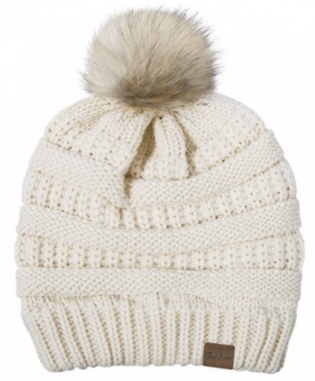 Fasker Womens CC Style Beanie Hat Winter Cable Knit Slouchy Pom Pom Beanie Hat - A- Beige - CO188IOZHRI