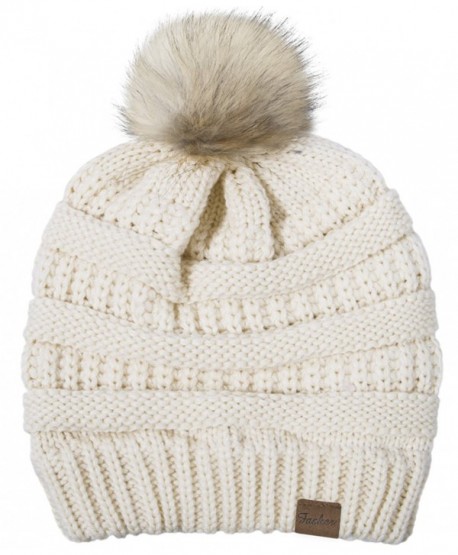 Fasker Womens CC Style Beanie Hat Winter Cable Knit Slouchy Pom Pom Beanie Hat - A- Beige - CO188IOZHRI