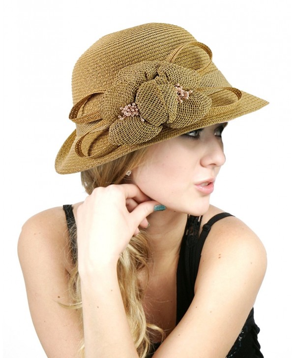 NYFASHION101 Side Flip Cloche Bucket Hat w/Woven Flower & Ribbon Accent- Natural - CP11W8272C9