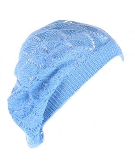 Be Your Own Style BYOS Womens Airy Cutout Lightweight Leafy Crochet Beret Beanie Hat (Sky Blue Leafy) - C912MZ9Z2F3