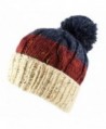 Morehats Three Tone Crochet Knit Slouchy Pompom Beanie Beret Winter Ski Hat - Beige/Burgundy/Blue - CK11NXHSYDT