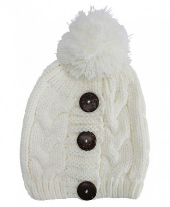 Luxury Divas Cable Knit Slouchy Beanie Hat With Button Trim - Ivory - CH128O8P4VB