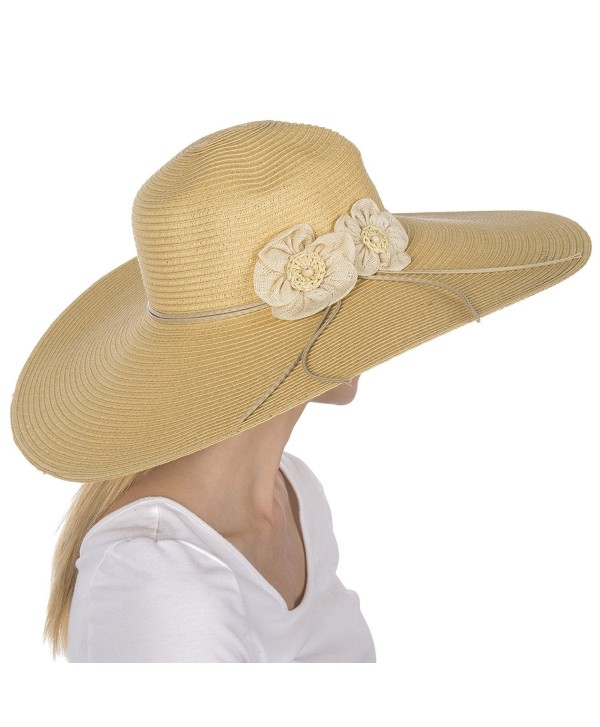 Sakkas Bella UPF 50+ 100% Paper Straw Flower Accent Wide Brim Floppy Hat - Natural - C91190EY3D9