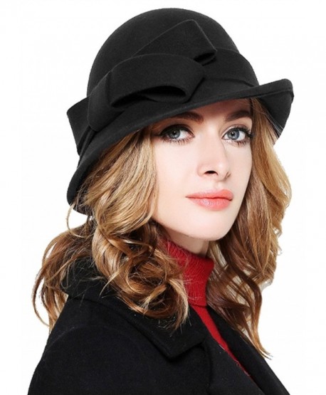 Bellady Women Solid Color Winter Hat 100% Wool Cloche Bucket With Bow Accent - Black - CG12NSJLIL5