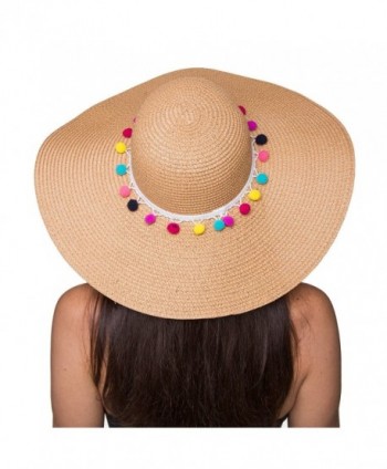 The Chic Soul Pom Pom Multi-Color Floppy Sun Straw Beach Hat - Beige - CI182KAA7T7