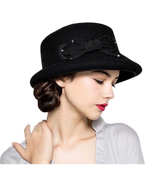 Maitose Women's Bow Flowers Wool Felt Bowler Hat - Black - C212MCIFTWX