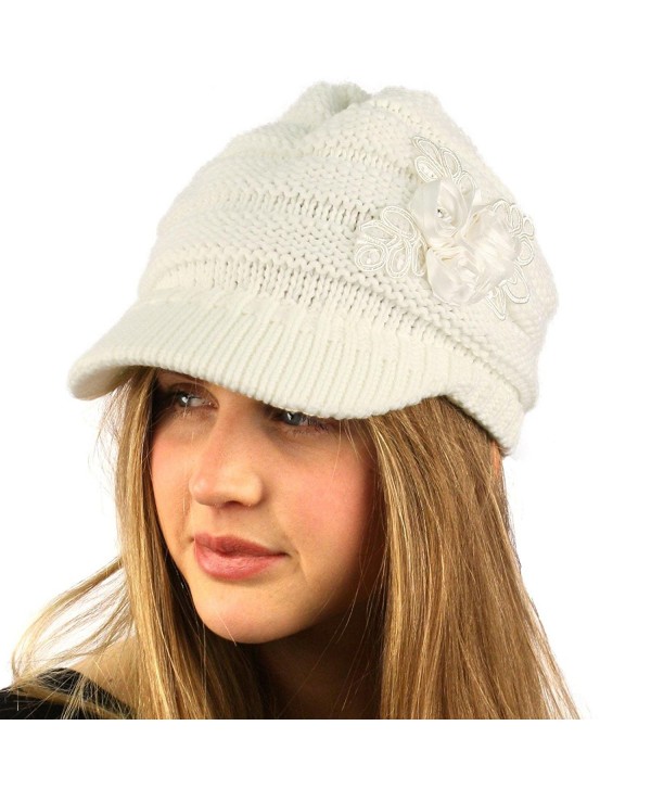 Winter Thick Floral Chunky Stretchy Knit Beanie Skully Visor Jeep Hat Cap - Ivory - CT1274HBCG9